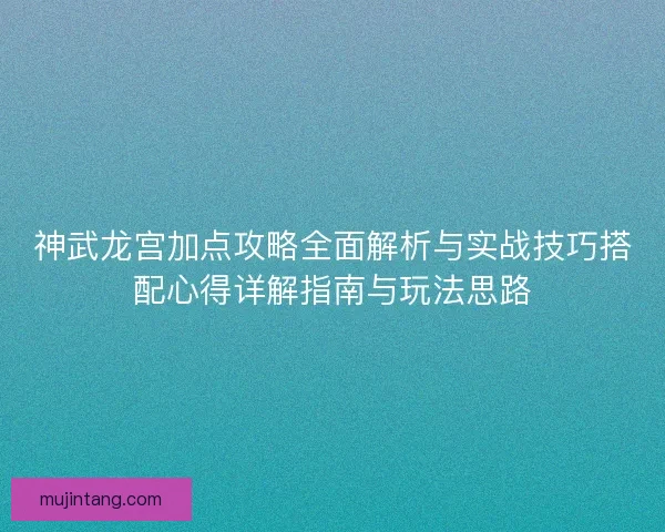 神武龙宫加点攻略全面解析与实战技巧搭配心得详解指南与玩法思路